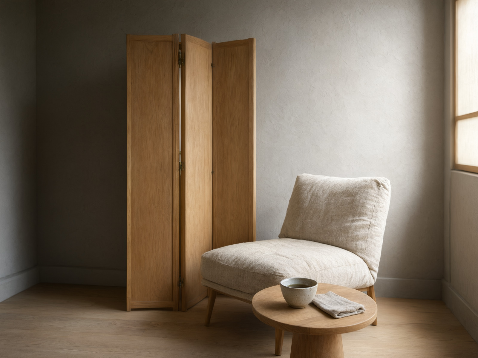 A wooden folding screen beside a linen chair in a softly lit treatment room corner