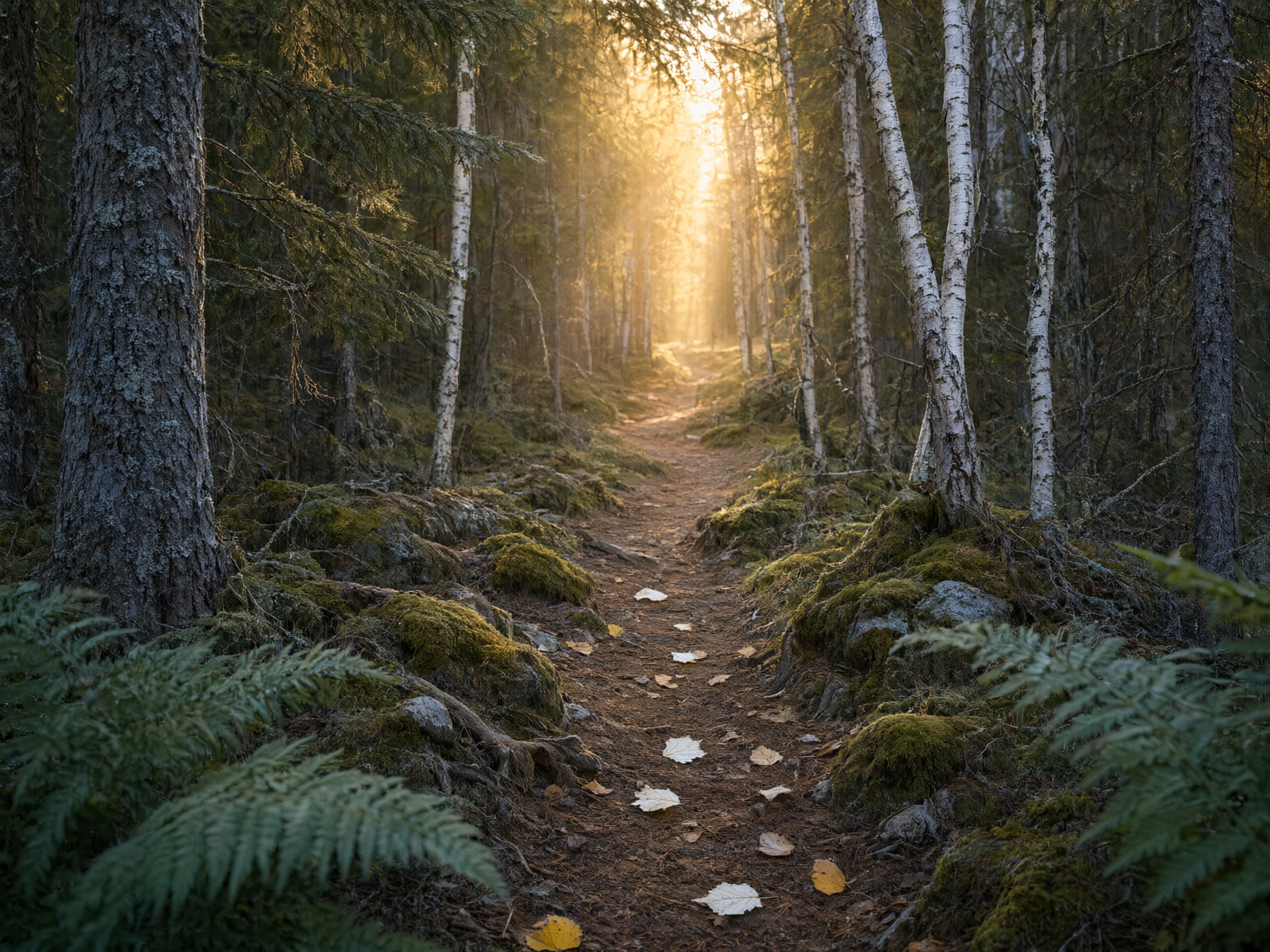A narrow forest path winding between spruce trees with soft morning light ahead