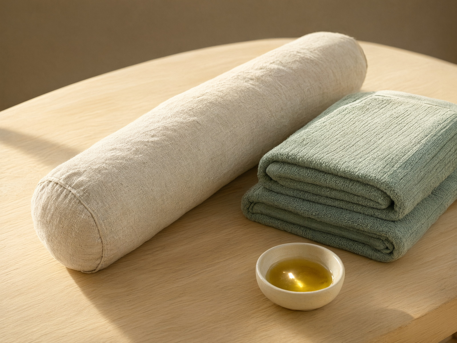 A linen-covered bolster and two folded towels on a treatment table in warm light