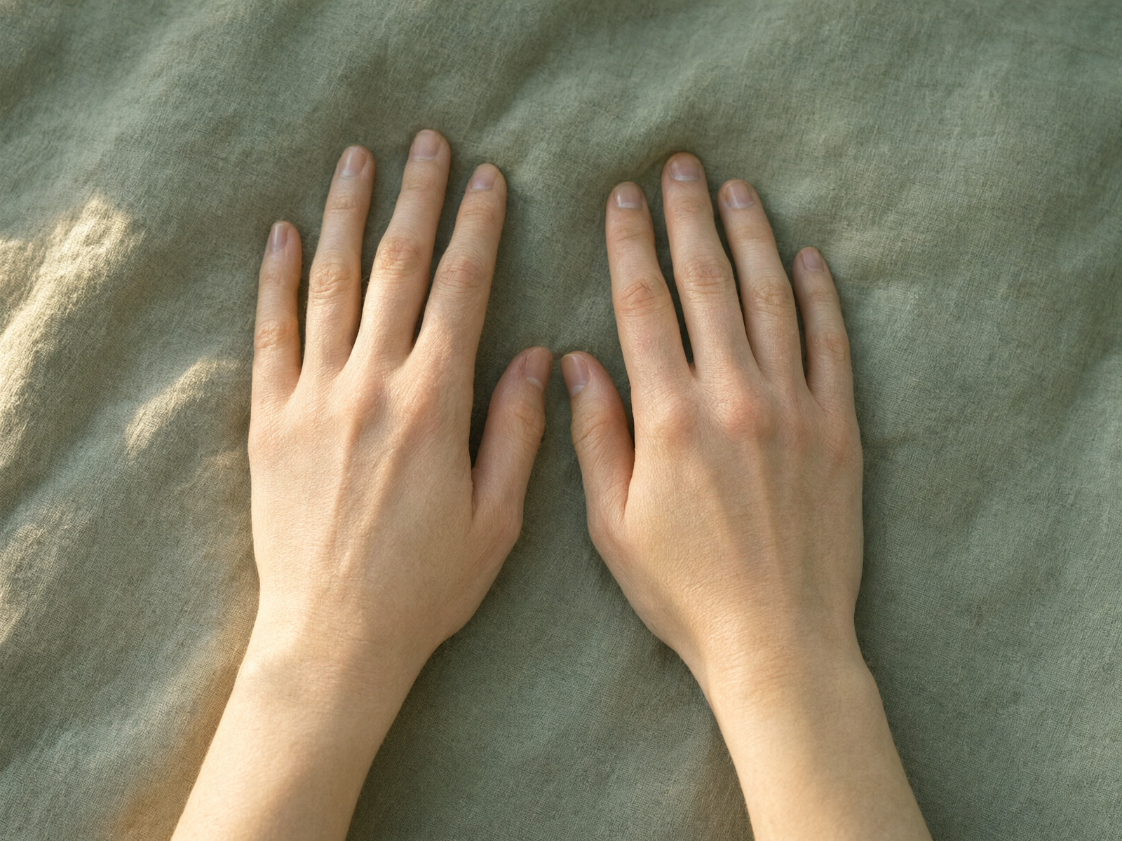 Two relaxed hands resting flat on a smooth sage-green linen sheet in warm light