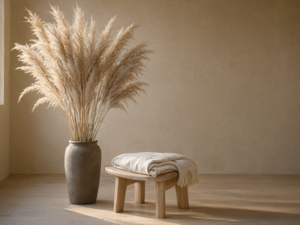 A tall dried grass arrangement in a floor vase against a plaster wall with a wooden stool beside it in evening light