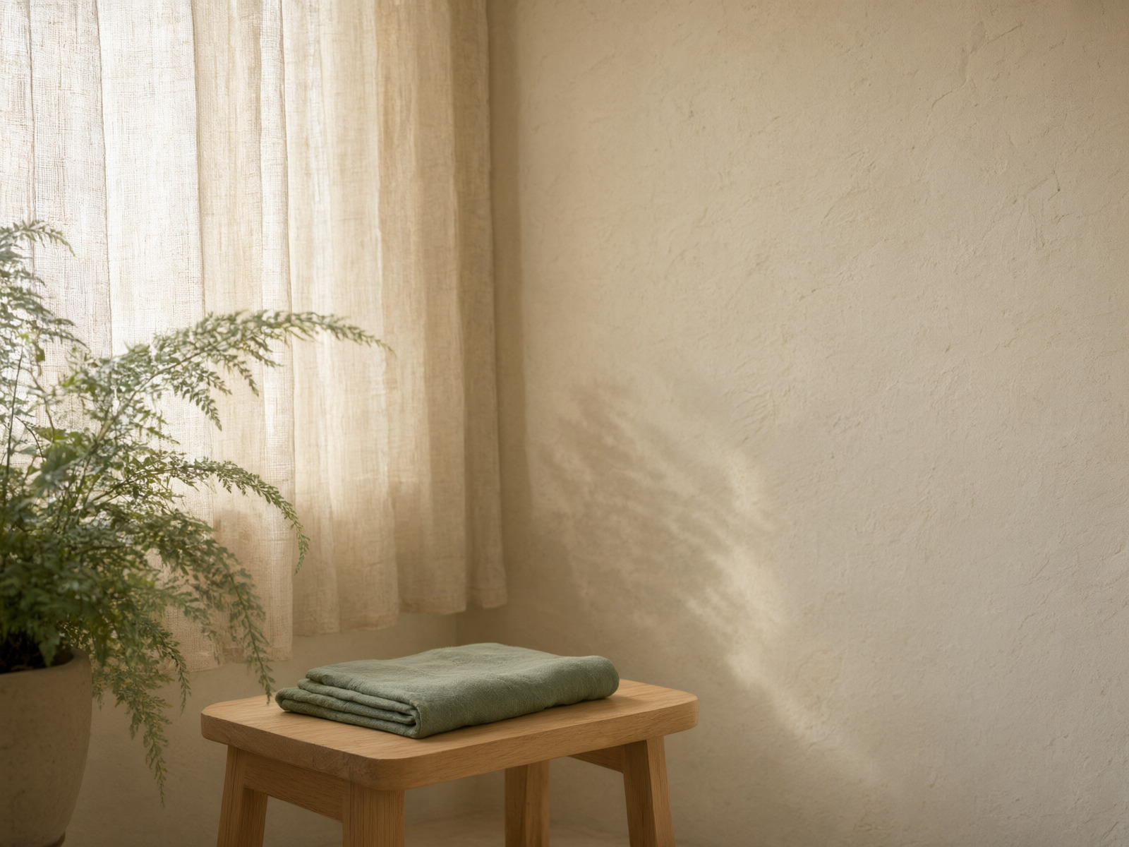 Soft morning light falling through a sheer linen curtain onto a warm plaster wall with a potted fern