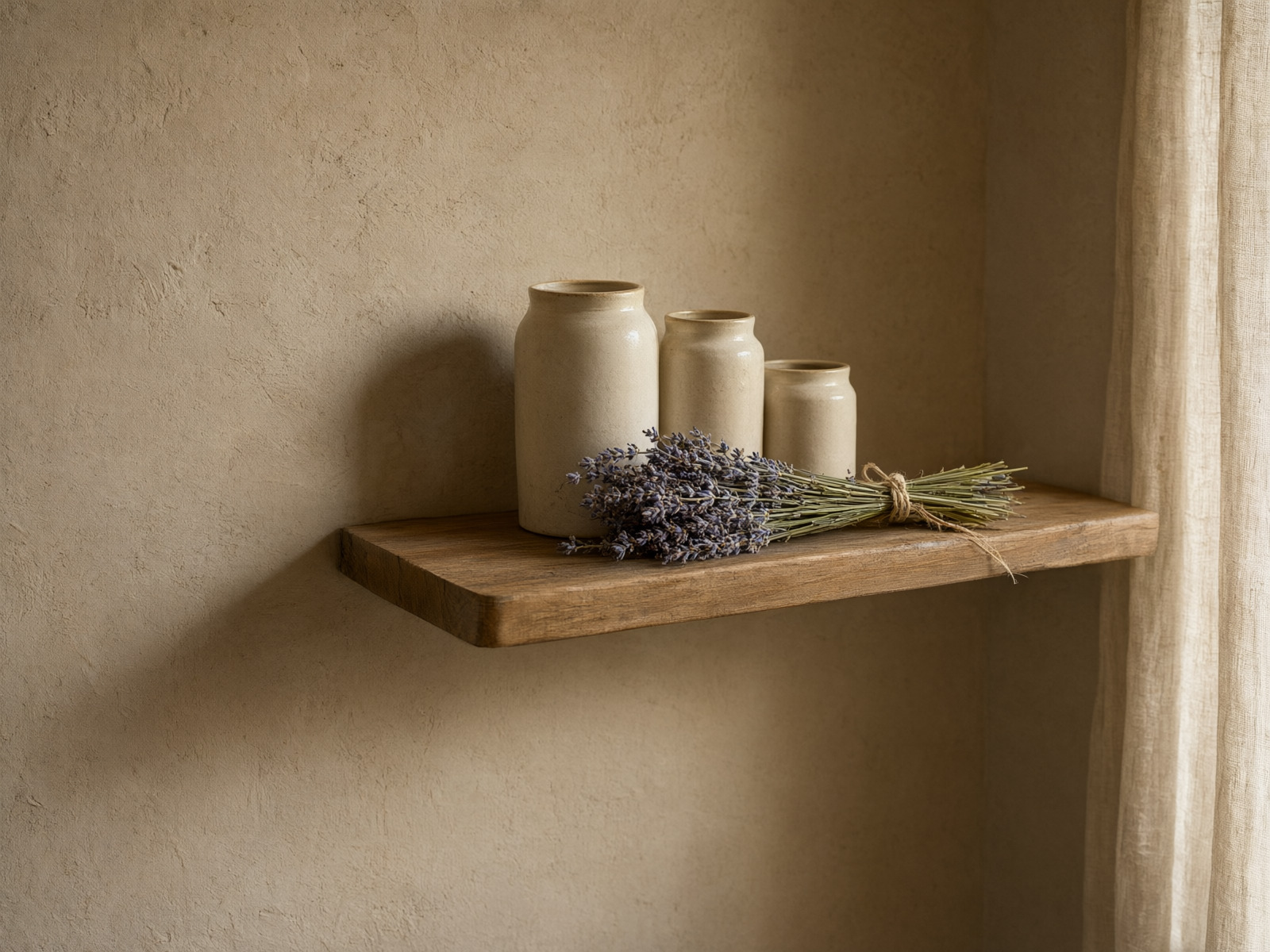A wooden shelf on a plaster wall holding ceramic jars and a bundle of dried lavender in warm side light