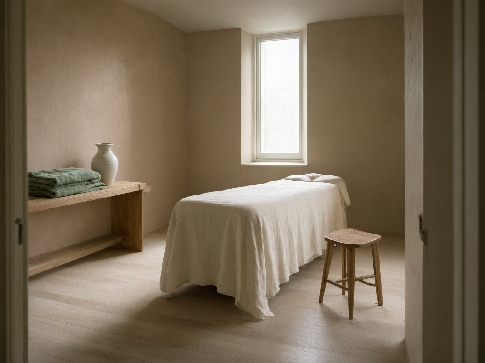 A calm treatment room seen from the doorway, with a linen-covered table and a low shelf of folded cloths in soft daylight