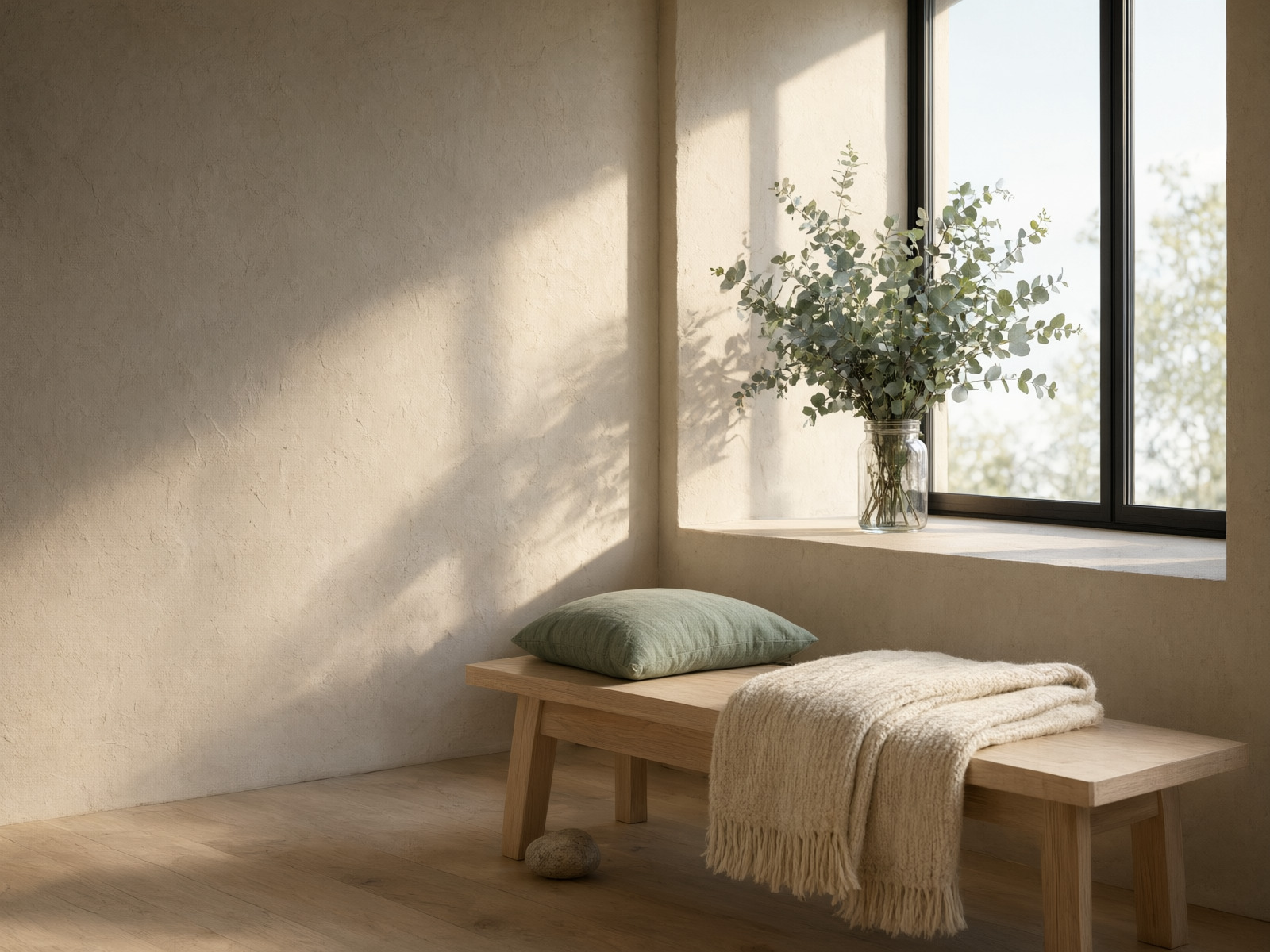 A wide window sill with a glass jar of eucalyptus stems and a folded blanket on a bench below, in afternoon light